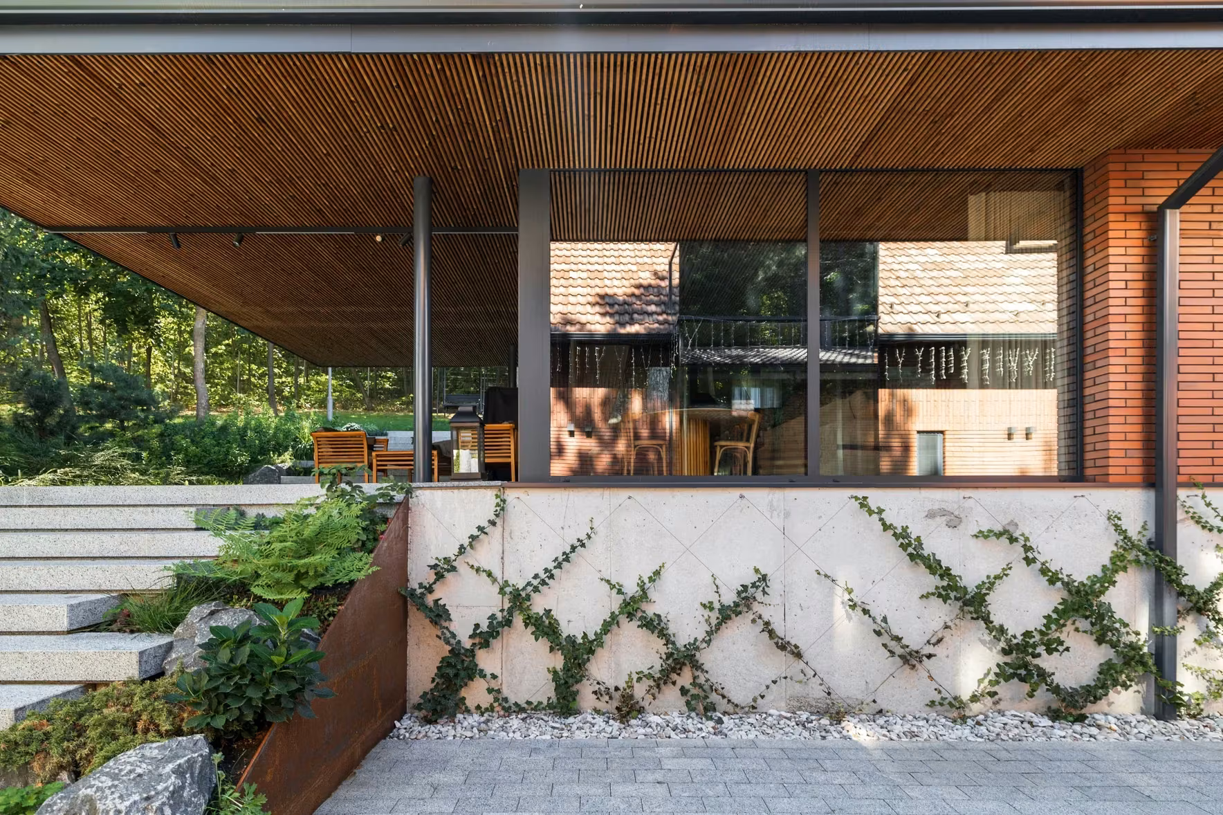 Glazed façade beneath a timber ceiling, with climbing plants and steps in the foreground.